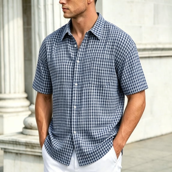 COSFO Men's Short-Sleeve Button-Down Shirt Summer Plaid Cotton Shirts Casual Loose Fit with Pocket Collared Tops