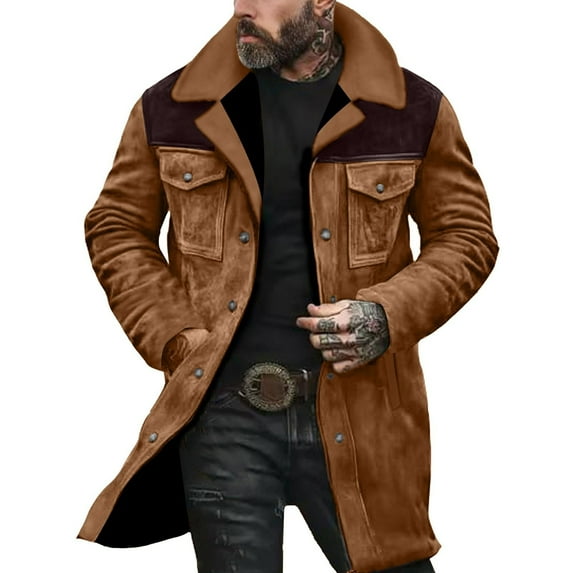 COSFO Men's Sport Coats Suede Zip Up Winter Vintage Outerwear Loose Fit Button Collar with Pockets Long Sleeve Men Jacket