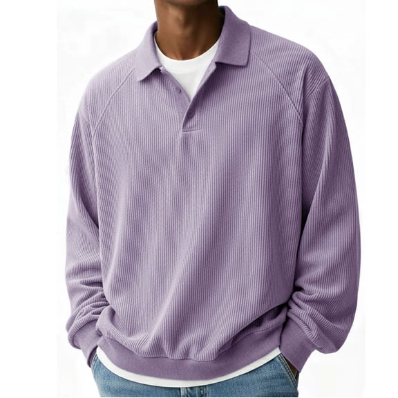 COSFO Men's T Shirts Collared Purple Long Sleeve Ribbed Tops Button Loose Fit Pullover Mens Classic T-Shirt