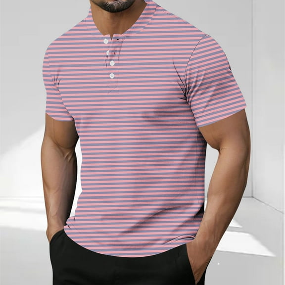 COSFO Men's T-Shirts Henley Casual Short Sleeve Tops Button Pullover Striped Loose Mens Graphic Tees