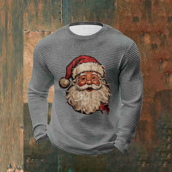 COSFO Men's T Shirts Long Sleeve Crewneck Waffle Christmas Casual Shirts Loose Fit Pullover Graphic Tees