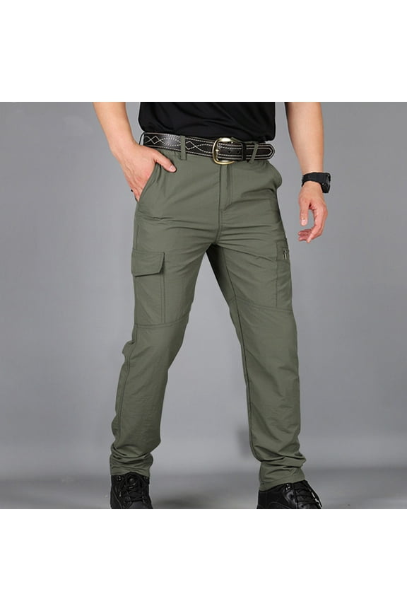 Men's Tactical Pants Straight-Leg Flat Front Green Full Workwear Belt Comfort Waist Solid Casual Pants for Men