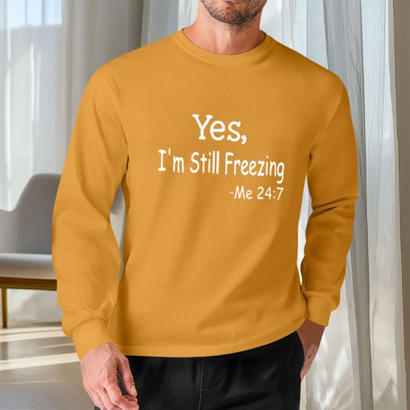 COSFO Men's Tshirts Letter Print Long Sleeve Crewneck Casual Tops Loose Fit Pullover Mens Graphic Tees