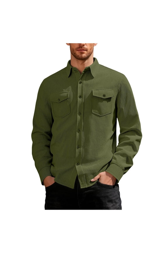 Men's Winter Jacket Corduroy Green Work Shacket Collar Thick Button Down Long Sleeve Mens Coats