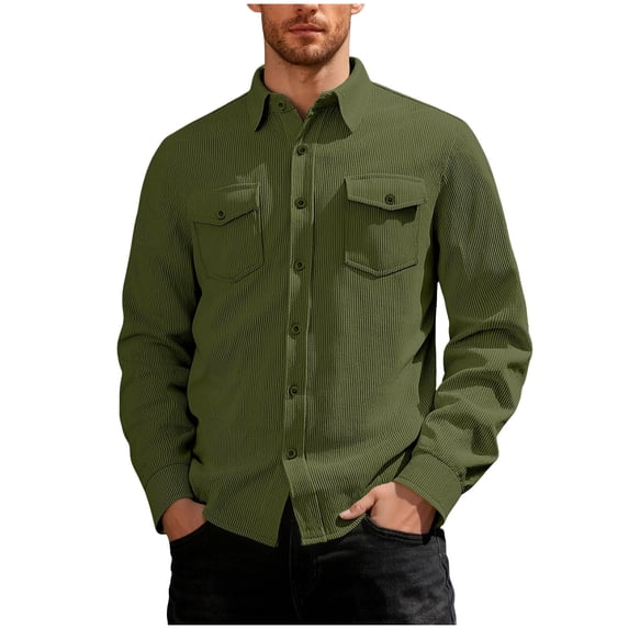 COSFO Men's Winter Jacket Corduroy Green Work Shacket Collar Thick Button Down Long Sleeve Mens Coats