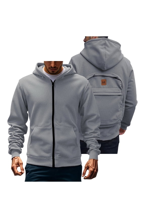 Men's Winter Jacket Gray Multifunctional Zip Up Hooded Outerwear Long Sleeve with Backpack Lightweight Men Coat