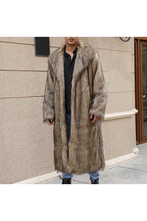 Menfaux Fur Coat Long Solid Puffy Brown Overcoat Open Front Lapel Collar Long Sleeve Loose Fit Warm Mens Jacket