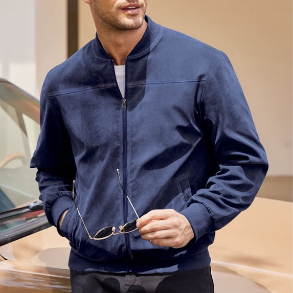 COSFO Mens Bomber Jacket Vintage Suede Full Zip Up Outwear Stand Colla Lightweight Long Sleeve Baseball Men Coat