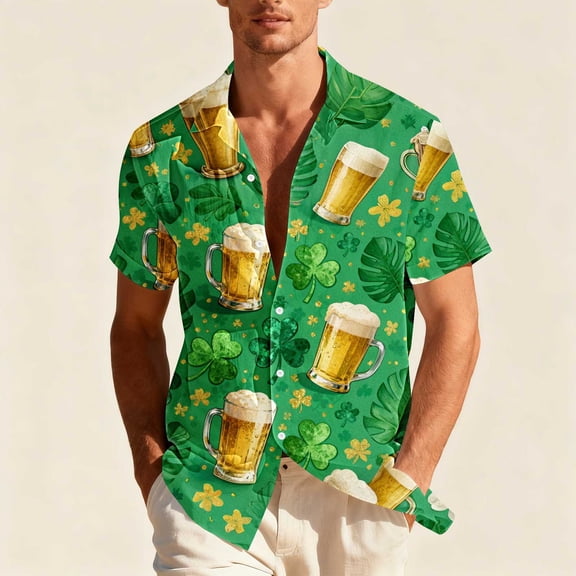 COSFO Mens Button Down Shirt Funny Short Sleeve St Patricks Day Tops Classic Fit Vacation Collared Mens Shirts
