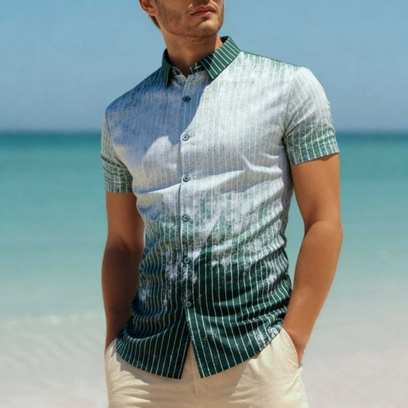 COSFO Mens Button Down Shirt Gradient Short Sleeve Textured Tops Classic Fit Summer Beach Vacation Collared Mens Shirts