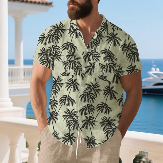 COSFO Mens Button Down Shirt Short Sleeve Cotton Linen Hawaiian Tops Summer Collared Loose Fit Vacation Men's Shirts