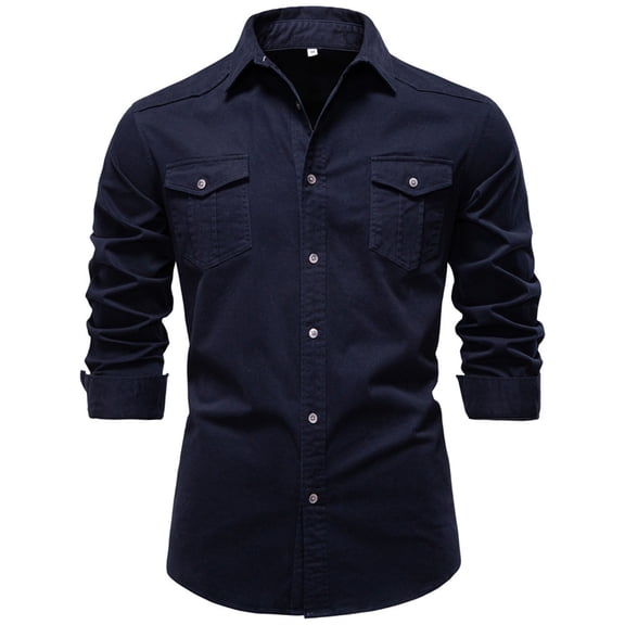 COSFO Mens Button Down Shirts Long Sleeve Work Blue Work Denim Tops Collared Loose Fit with Pocket T-Shirts for Men
