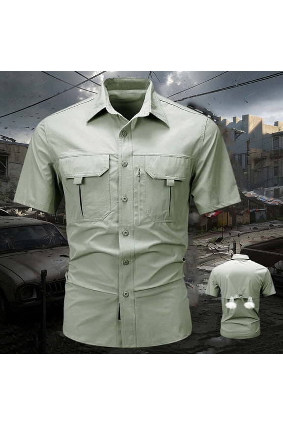 Mens Button Down Short Sleeve Shirt Fishing Green Sun Protection Shirts Collared Multiple Pockets Quick Dry Relaxed Fit Tops