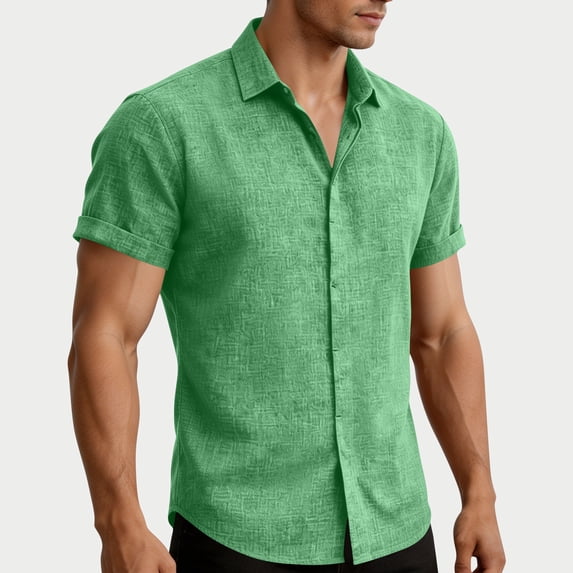 COSFO Mens Button Down Short Sleeve Shirt Summer Green Cotton Linen Shirts Beach Loose Fit Vacation Collared Tops