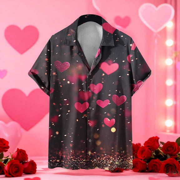 COSFO Mens Button Up Shirt Graphic Valentine's Day Short Sleeve Tops Regular Fit Vacation Collar Mens Shirts