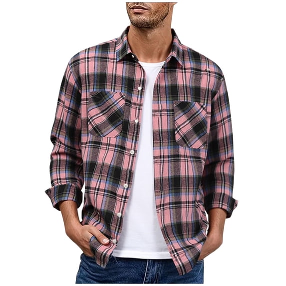 COSFO Mens Button Up Shirt Plaid Casual Long Sleeve Tops Loose with Pocket Collared Men Shirts