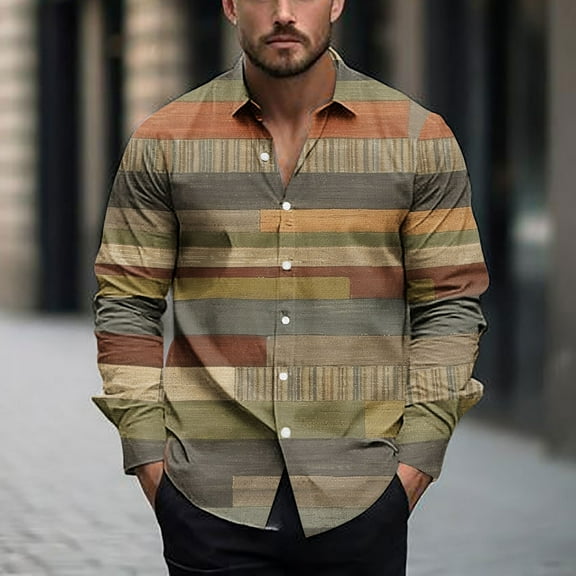 COSFO Mens Button Up Shirts Long Sleeve Casual Striped Tops Loose Fit Collared Men Shirts