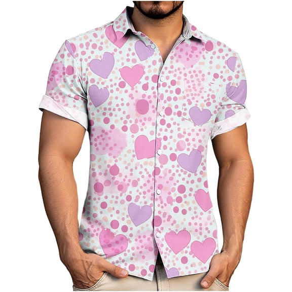 COSFO Mens Button Up Shirts Short Sleeve Valentine's Day Love Heart Tops Loose Fit Collared with Pocket Graphic Mens Shirts