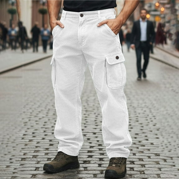 COSFO Mens Cargo Pants Big and Tall White Corduroy Casual Straight Leg Pants Relaxed Fit Work Trousers Mens Pants