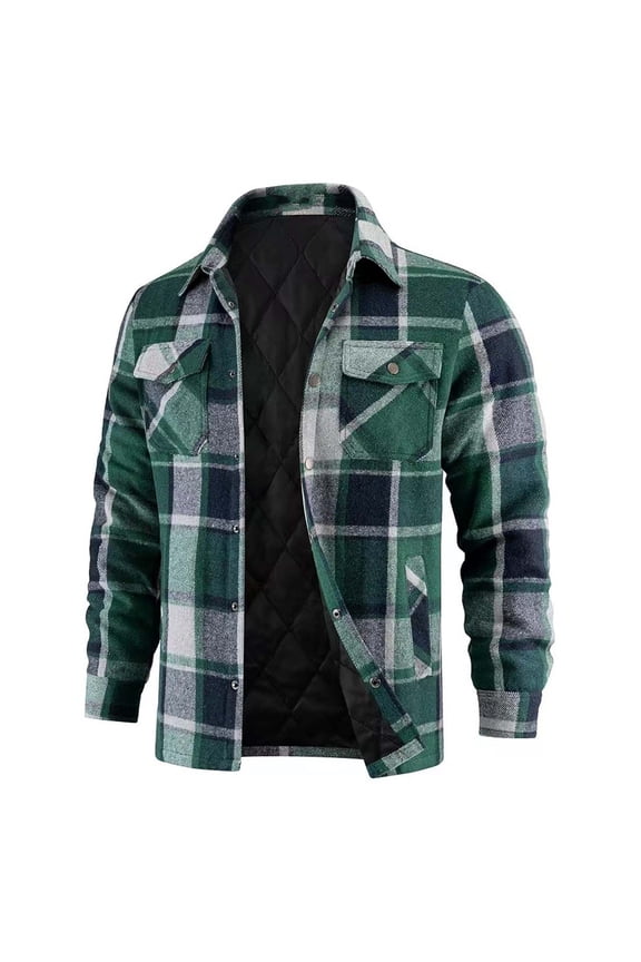 Mens Fall Jacket Quilted Plaid Work Shacket Collar Button Down with Pockets Long Sleeve Mens Coat