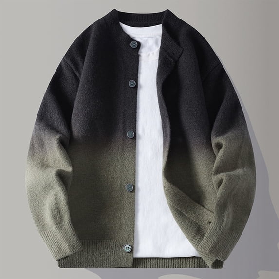 COSFO Mens Jacket Gradient Casual Knitted Sweater Jacket Round Neck Loose Fit Button Down Long Sleeve Winter Coats for Men