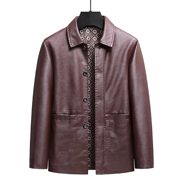 COSFO Mens Jacket Winter Button Down Solid Faux Leather Jacket Long Sleeve Casual with Pockets Loose Business Men Coats
