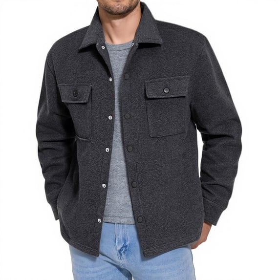 COSFO Mens Jacket Winter Fleece Gray Work Lightweight Shacket Button Down Collar with Pockets Long Sleeve Mens Coats