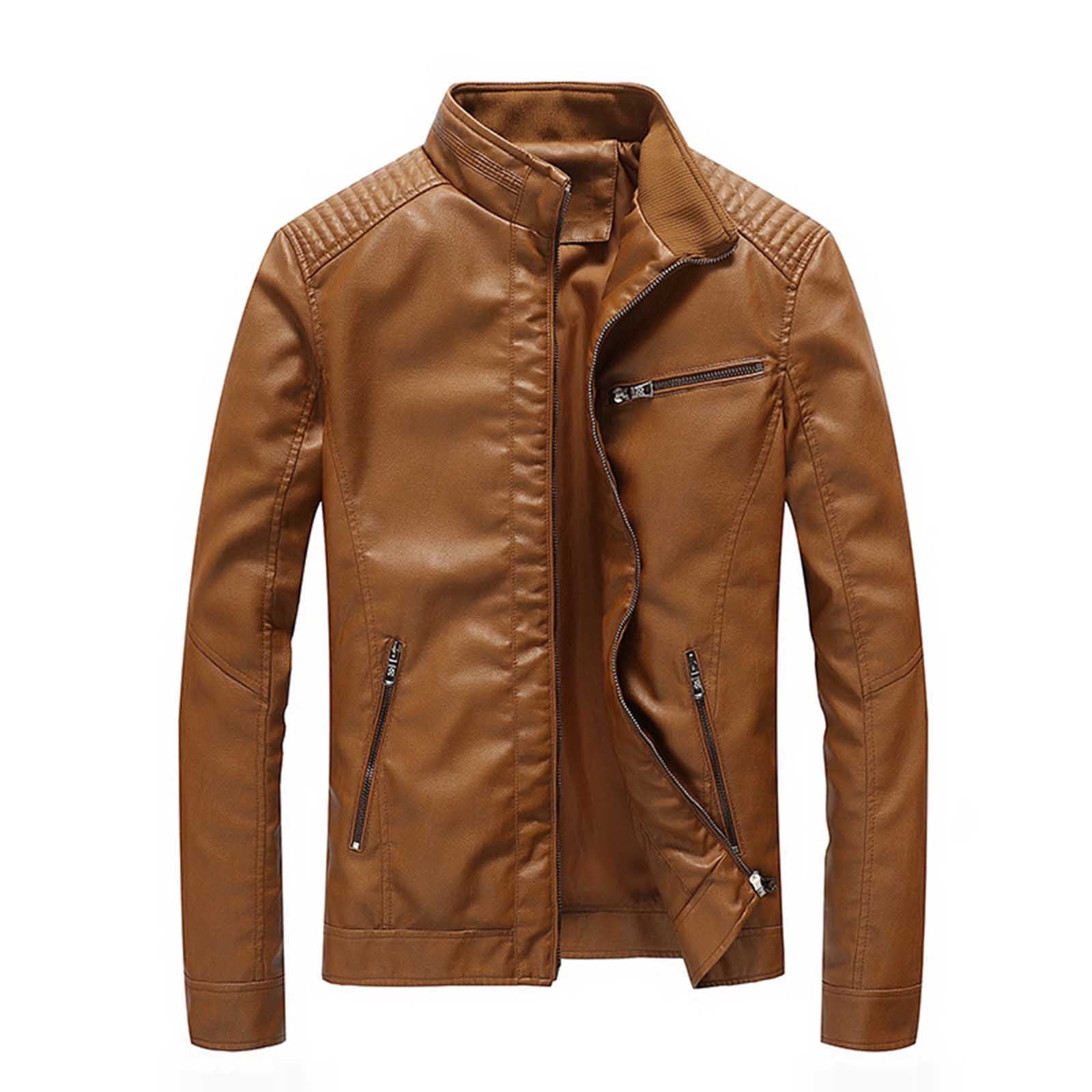 COSFO Mens Jackets Yellow Winter Faux Leather Motorcycle Outerwear Loose Fit Long Sleeve Zip Up Stand Colla with Pockets Mens Winter Coats