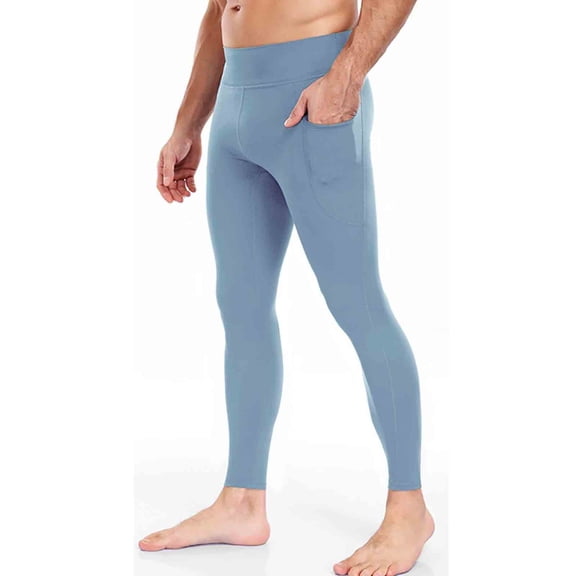 COSFO Mens Leggings Athletic Yoga Blue Slim Leg Stretch with Pockets Pants Skinny Elastic Waist Gym Trousers Mens Leggings