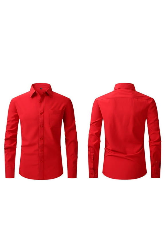 Mens Long Sleeve Button Down Shirts Dressy Red Cotton Basic Tops Business Collared Slim Fit with Pocket Mens Tshirts