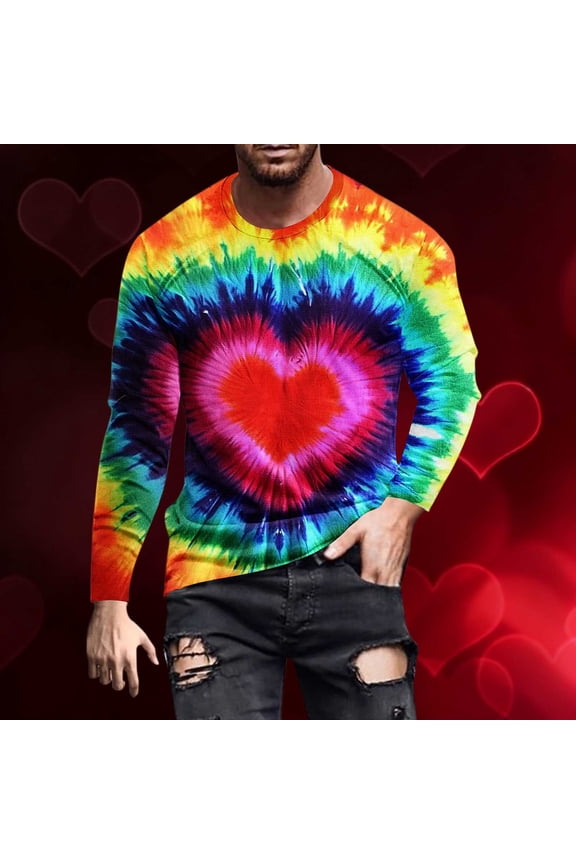 Mens Long Sleeve Tee Shirts Valentine's Day Crewneck Love Heart Casual Tops Loose Fit Workout Pullover Mens Graphic Tees