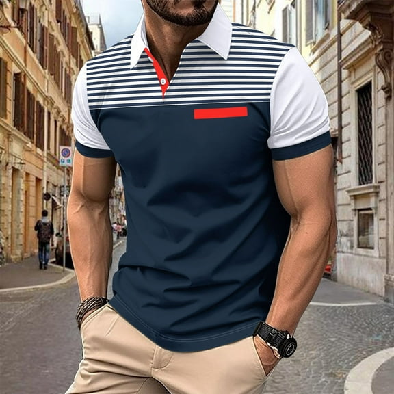 COSFO Mens Polo Shirt Casual Short Sleeve Collared Striped Tops Pullover Button with Pocket Slim Shirts