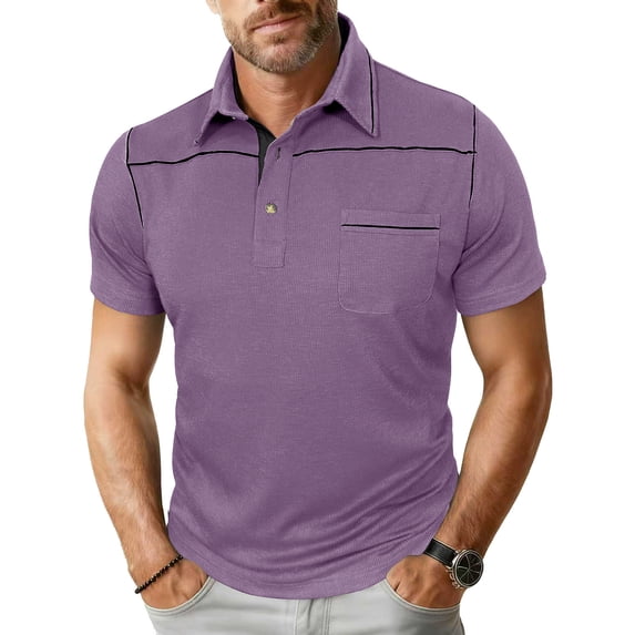 COSFO Mens Polo Shirt Short Sleeve Purple with Pockets Ribbed Knit Tops Loose Fit Performance Collar Pullover Classic T-Shirt