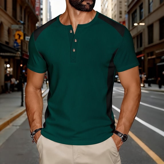COSFO Mens Polo Shirts Short Sleeve Solid Colors Short Sleeve Henley Waffle Tops Slim Fit Moisture Wicking Performance Mens Classic T-Shirt