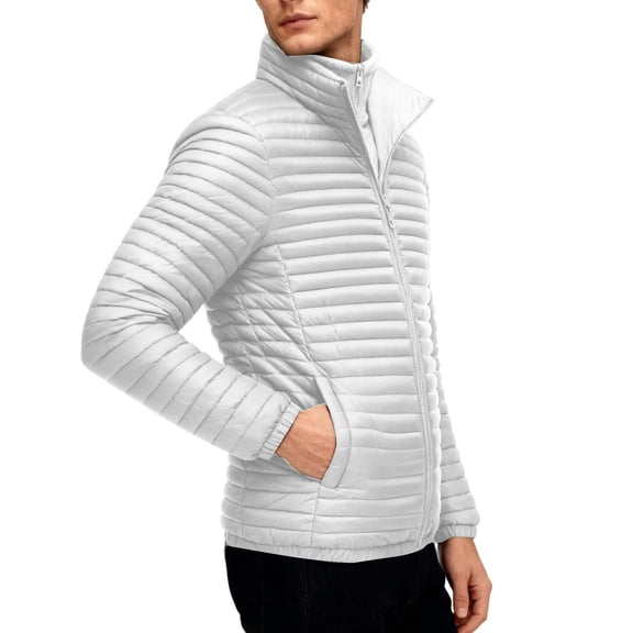 COSFO Mens Puffer Jacket White Zip Up Fleece Outwear Fake Two Piece Stand Colla Long Sleeve Thick Coat for Men