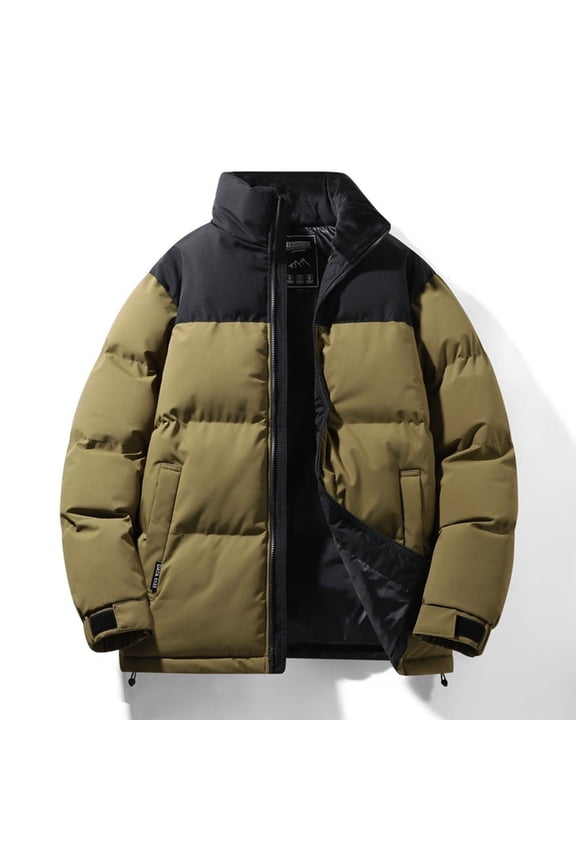 Mens Puffer Jacket Zip Up Casual Brown Coat Stand Colla Long Sleeve Loose Fit with Pockets Cotton Mens Coats