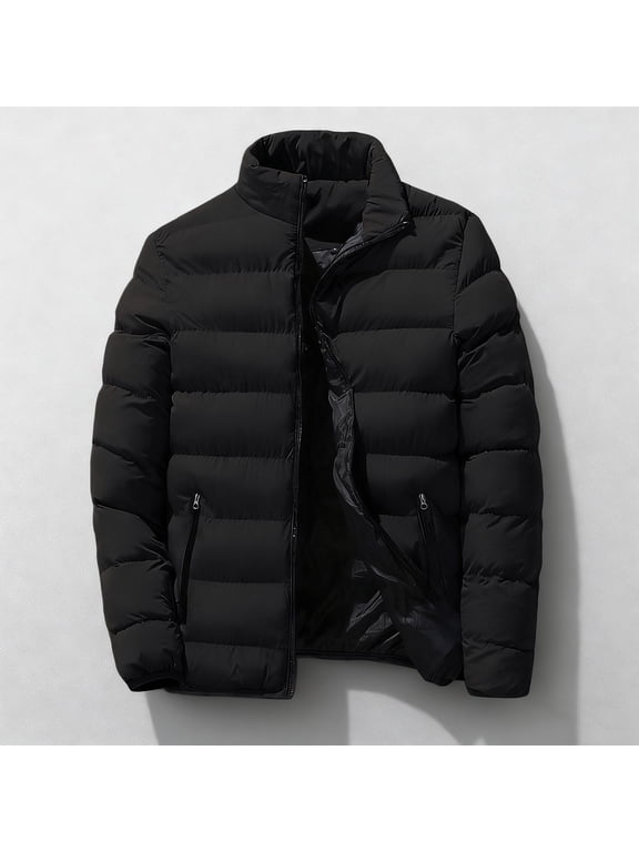 Mens Puffer Jackets Casual Stylish Zip Up Black Lightweight Outerwear Long Sleeve Stand Colla Warm Thick Coat for Men