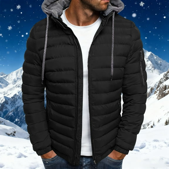 COSFO Mens Puffer Jackets Zip Up Black Hooded Lightweight Solid Outerwear Loose Fit Warm Long Sleeve Outdoor Coat for Men