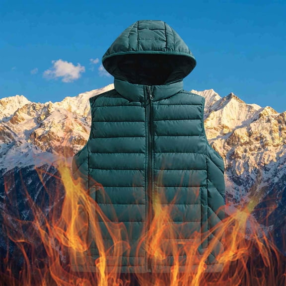 COSFO Mens Puffer Vest Hooded Green Solid Zip Up Waistcoat Loose Fit Sleeveless with Pockets Men's Jacket