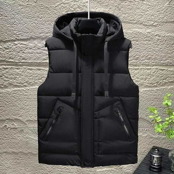 COSFO Mens Puffer Vest Solid Black Zip Up Outwear Sleeveless with Pockets Travel Loose Fit Stand Collar Men Jackets