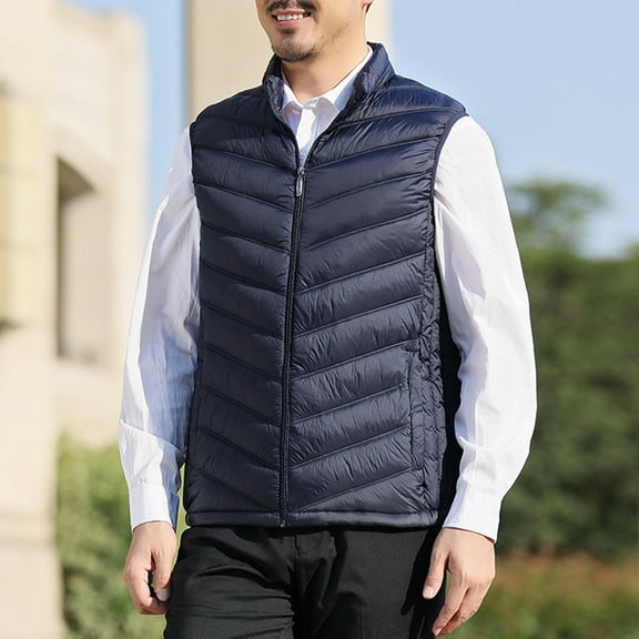 COSFO Mens Puffer Vests Full Zip Lightweight Blue Solid Outerwear Stand Collar Loose Fit Sleeveless with Pockets Men's Jacket