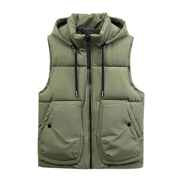 COSFO Mens Puffer Vests Outerwear Hooded Green Solid Zip Up Outerwear with Pockets Work Loose Fit Sleeveless Jacket for Men