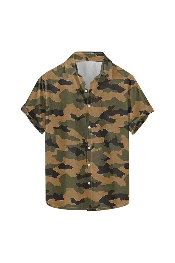 Mens Shirts Camo Casual Short Sleeve Collared Tops Regular Fit Button Down Shirts