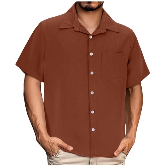 COSFO Mens Shirts Casual Collared Short Sleeve Solid Tops Loose Button Down with Pocket Shirts