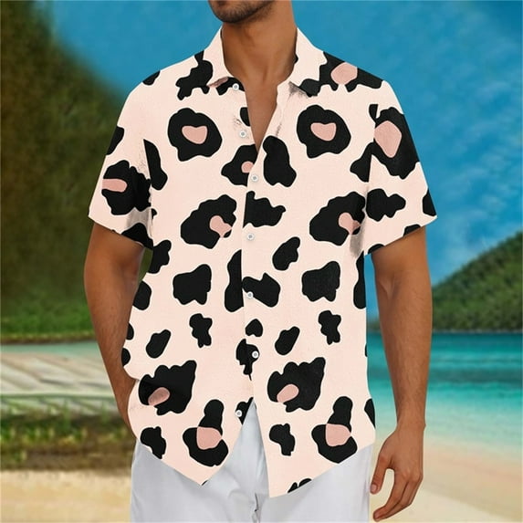 COSFO Mens Shirts Short Sleeve Collared Casual Leopard Print Tops Beach Button Down Regular Fit Shirts