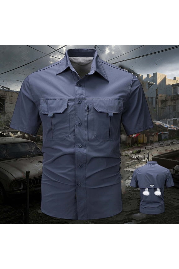 Mens Short Sleeve Button Down Shirts Fishing Sun Protection Solid Shirts Multiple Pockets Quick Dry Collared Relaxed Fit Blue Tops
