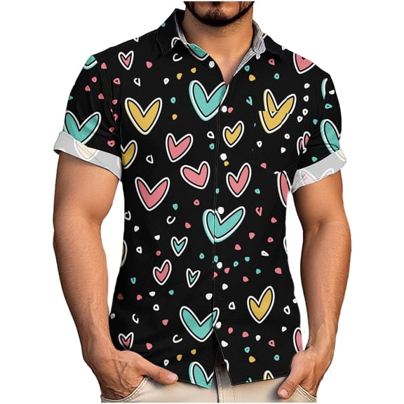 COSFO Mens Short Sleeve Button Down Shirts Valentine's Day Love Heart Tops Loose Fit with Pocket Collared Funny Mens Shirts