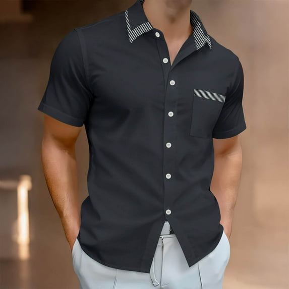 COSFO Mens Short Sleeve Button Down Shirts with Pockets Gray Tops Vacation Loose Fit Collar Mens Shirts