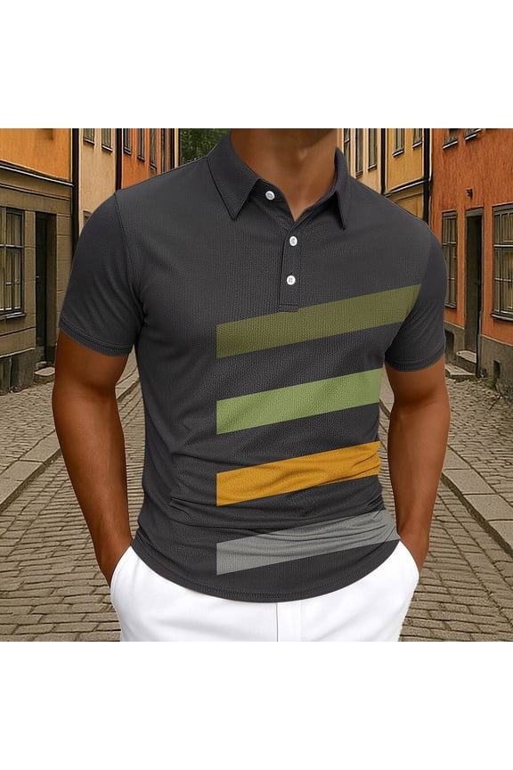 Mens Short Sleeve Polo Shirts Performance Mesh Striped Shirt Collared Work Pullover Summer Slim Fit Tops