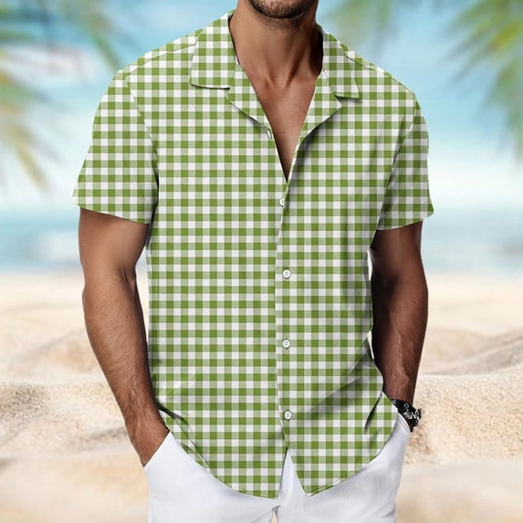 COSFO Mens Summer Button Down Shirts Short Sleeve Beach Plaid Shirt Vacation Collared Loose Fit Casual Mens Shirts